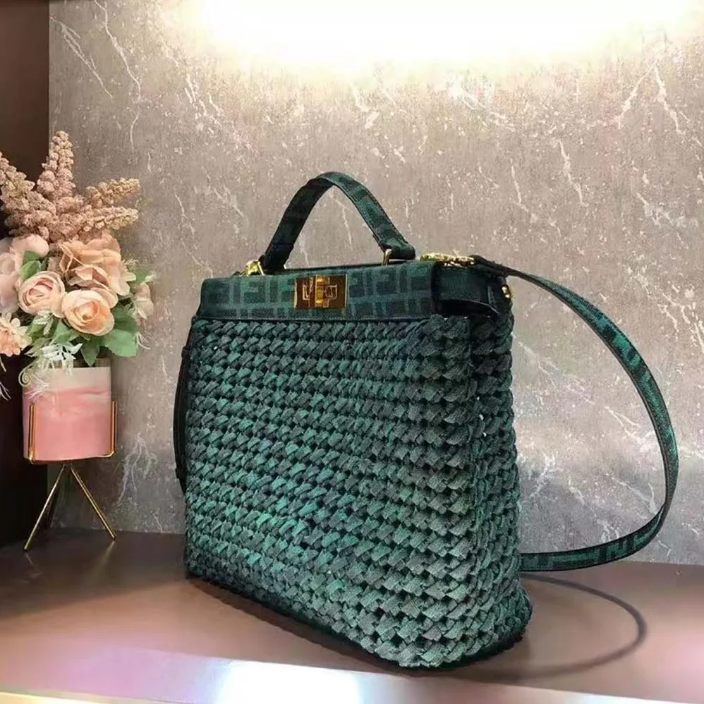 Fendi Peekaboo Iconic Medium Jacquard Fabric Interlace Bag for Women in Dark Green