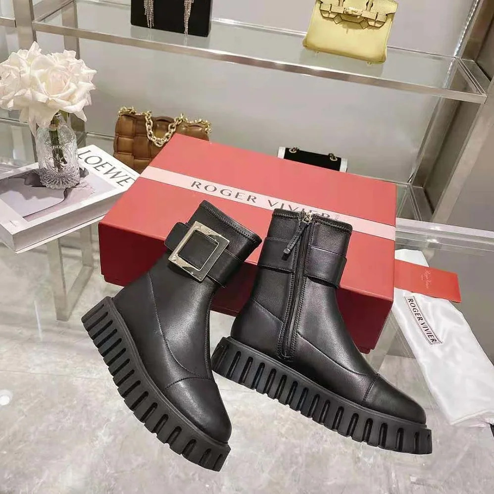 Roger Vivier Viv' Go-Thick Metal Buckle Stretch Ankle Boots in Soft Leather for Women Roger Vivier Viv' Go-Thick Metal Buckle Stretch Ankle Boots in Soft Leather for Women