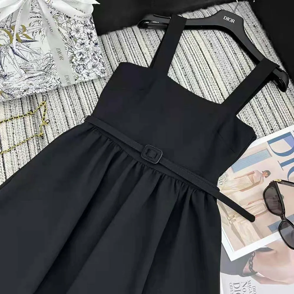 Dior Mid-length Belted Dress Black Wool and Silk for Women