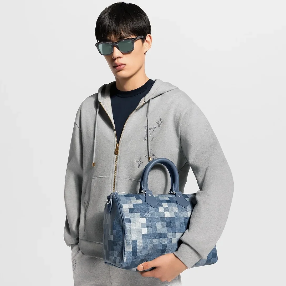 Louis Vuitton Speedy 30 Bandouliere Top Handle Bag / Indigo Blue Damoflage Silver Hardware