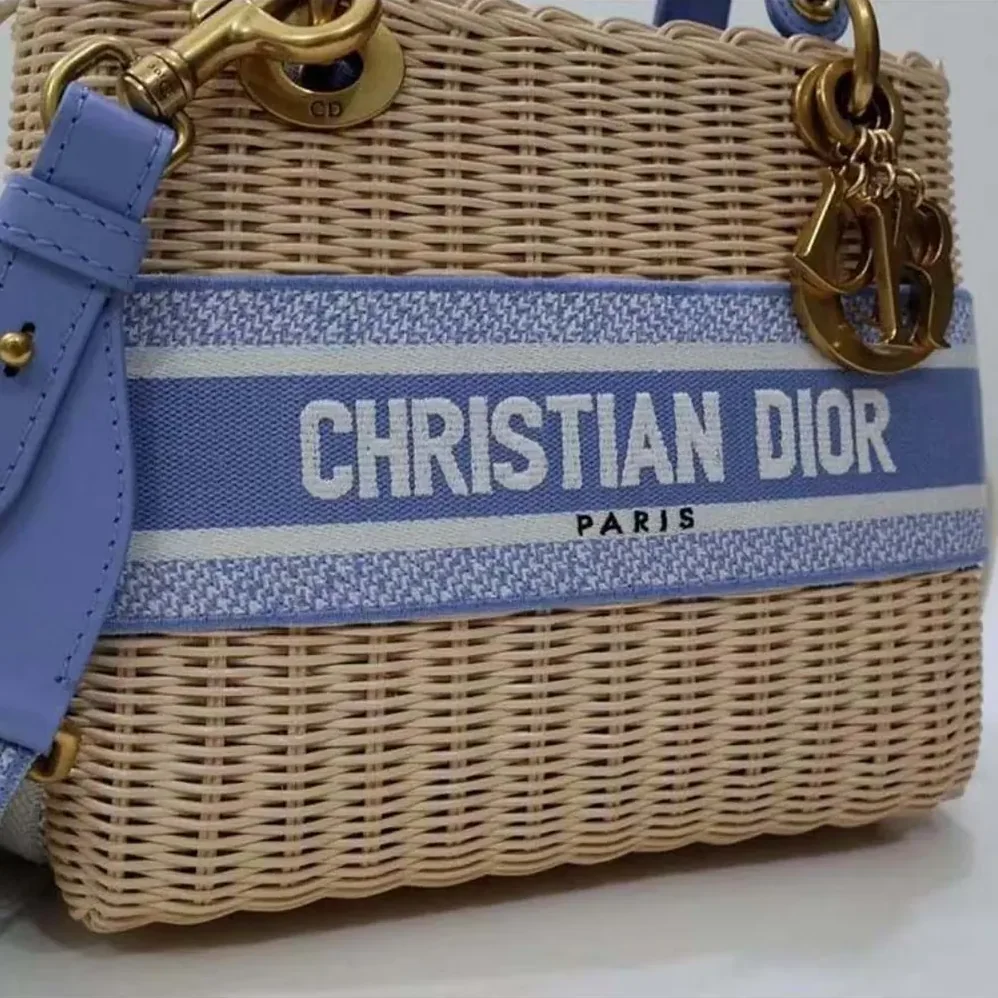 Dior Medium Lady Dior Bag Natural Wicker and Light Blue Dior Oblique Jacquard for Women