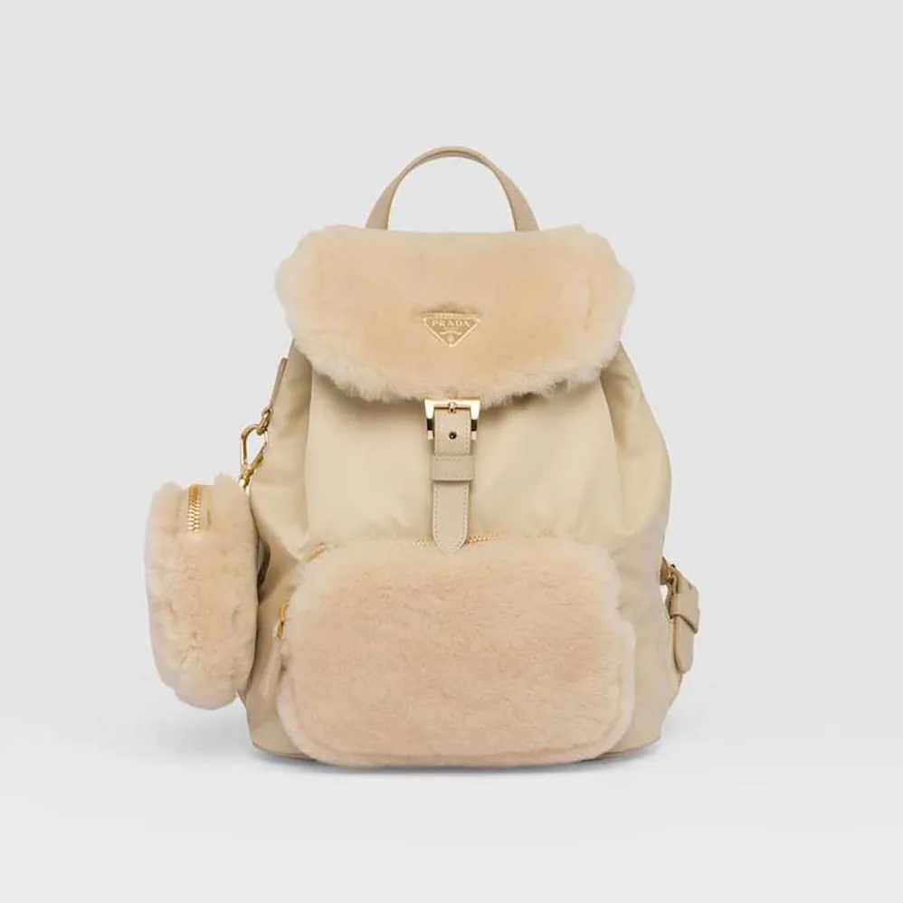 Prada Re-Nylon and Shearling Backpack for Women in Beige