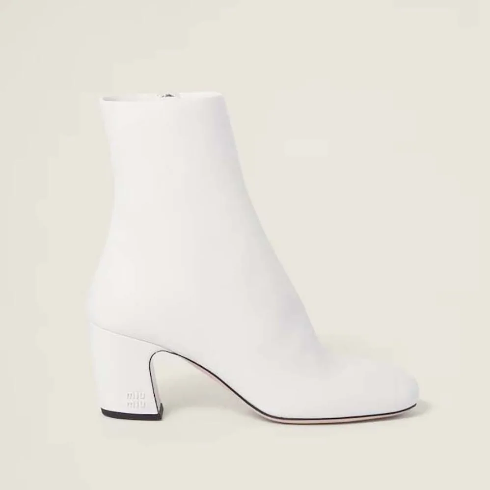 Miu Miu Leather Booties with Metal Lettering Logo for Women in White