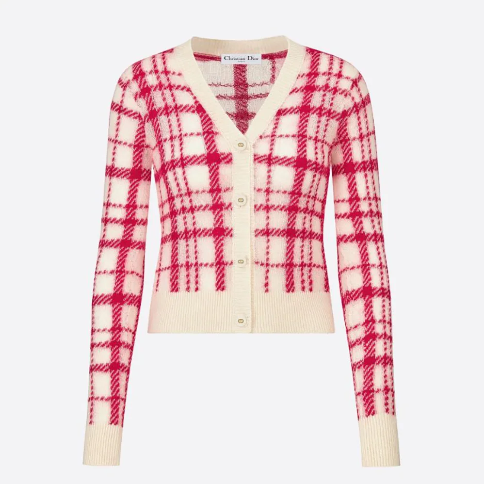 Dior Buttoned Cardigan Raspberry and Ecru Check'n'Dior Pop Technical Wool for Women