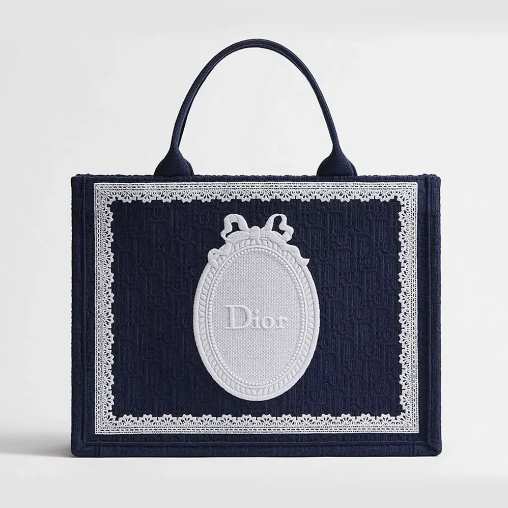 Dior Medium Dior Book Tote with Strap Celestial Blue Dior Oblique Embroidery with White Lace and Dior Médaillon for Wome Dior Medium Dior Book Tote with Strap Celestial Blue Dior Oblique Embroidery with White Lace and Dior Médaillon for Wome