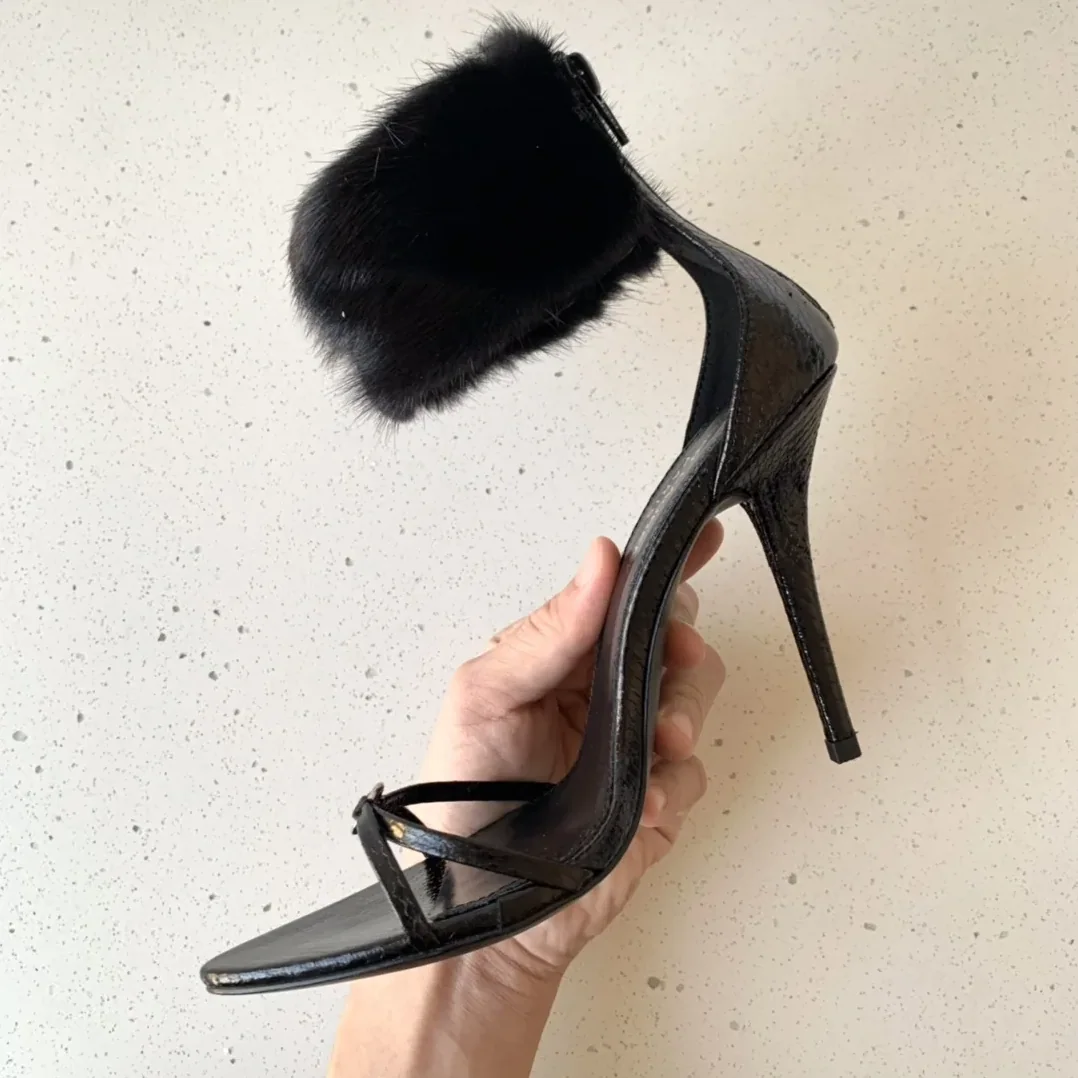 Saint Laurent Faux Fur Ankle in Cuff Sandals Black