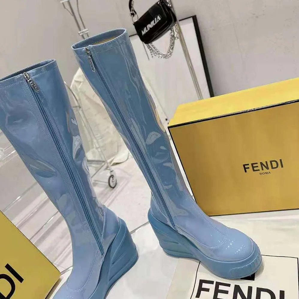 Fendi Fashion Show Blue Patent Leather Boots for Women