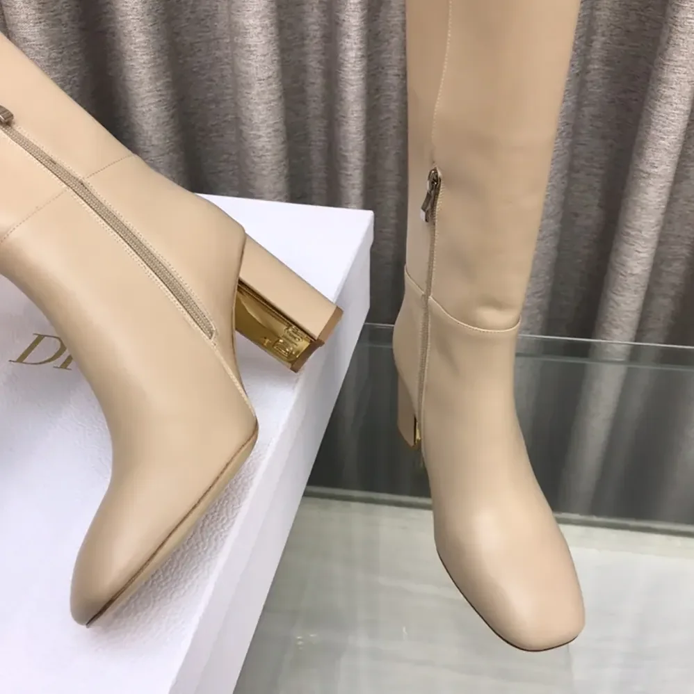 Dior Logo Knee-High Boot In Light Beige Calfskin with Gold for Women in Tone Accents Dior Logo Knee-High Boot In Light Beige Calfskin with Gold for Women in Tone Accents