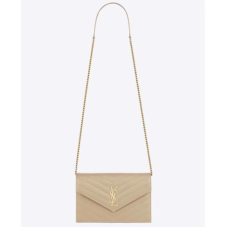 Saint Laurent YSL Medium Monogram Envelope Chain Wallet Gold Hardware in Sandy Saint Laurent YSL Medium Monogram Envelope Chain Wallet Gold Hardware in Sandy