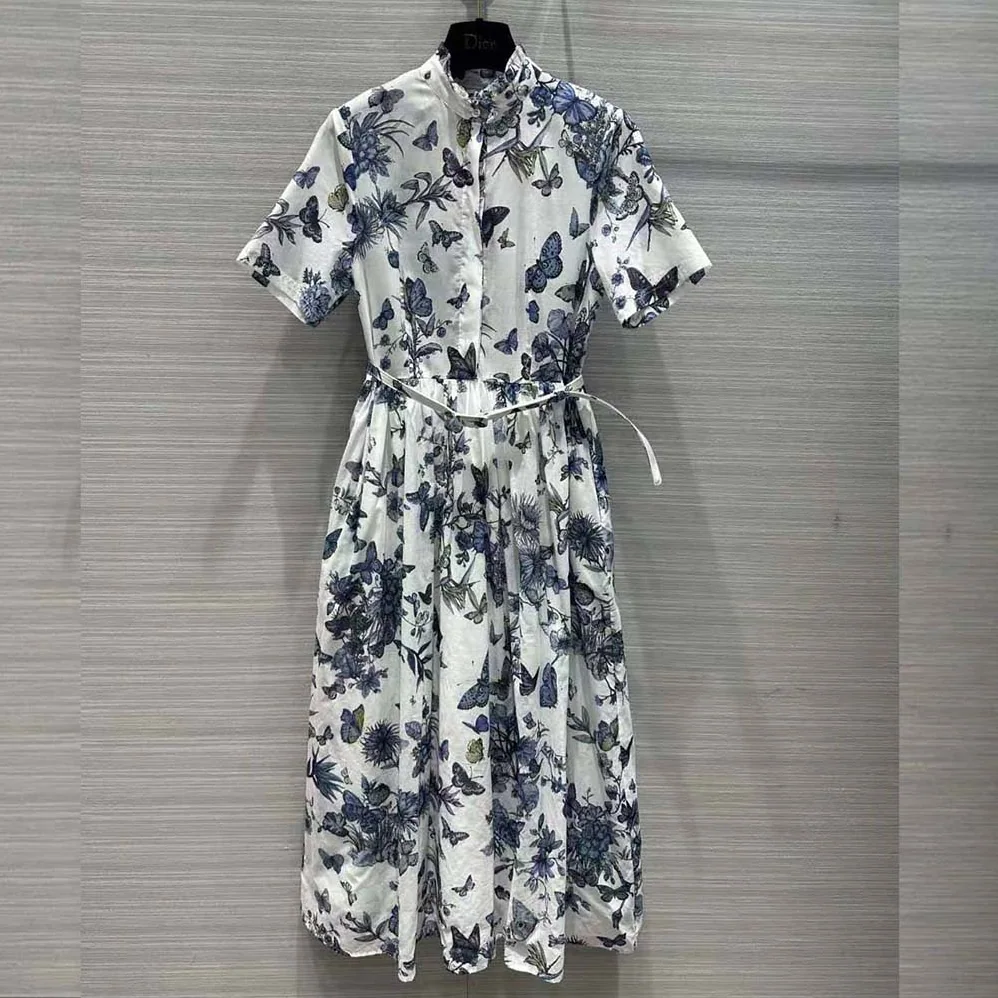 Dior Mid-length Shirt Dress White and Pastel Midnight Blue Cotton Voile for Women Dior Mid-length Shirt Dress White and Pastel Midnight Blue Cotton Voile for Women