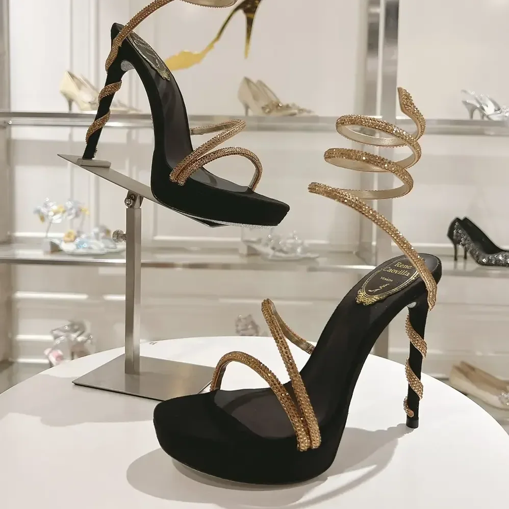 Rene Caovilla Margot Crystal Black-gold Platform Sandal 130 for Women Rene Caovilla Margot Crystal Black-gold Platform Sandal 130 for Women