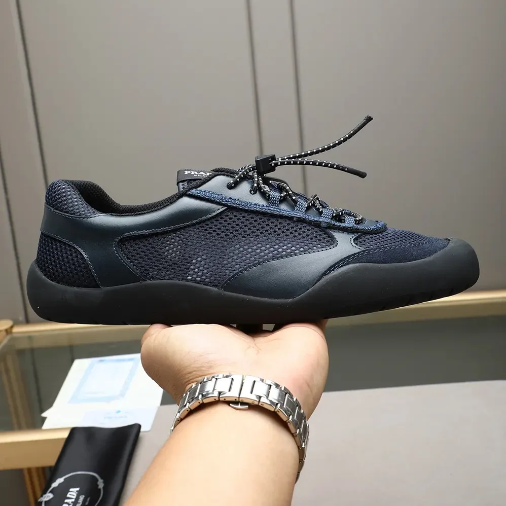 Prada Speedrock Patent Leather and Mesh Fabric Sneakers for Unisex in Navy