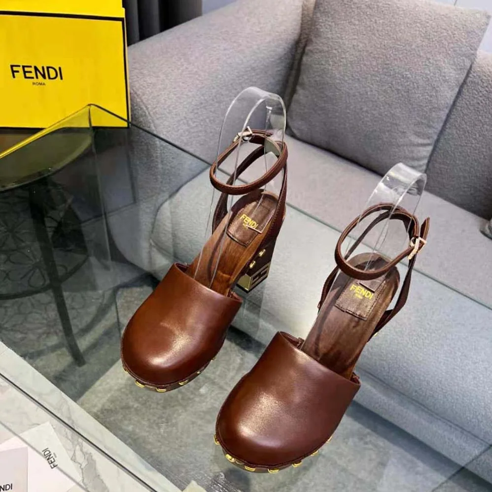Fendi Baguette Show Brown Leather High for Women in Heeled Clogs Fendi Baguette Show Brown Leather High for Women in Heeled Clogs