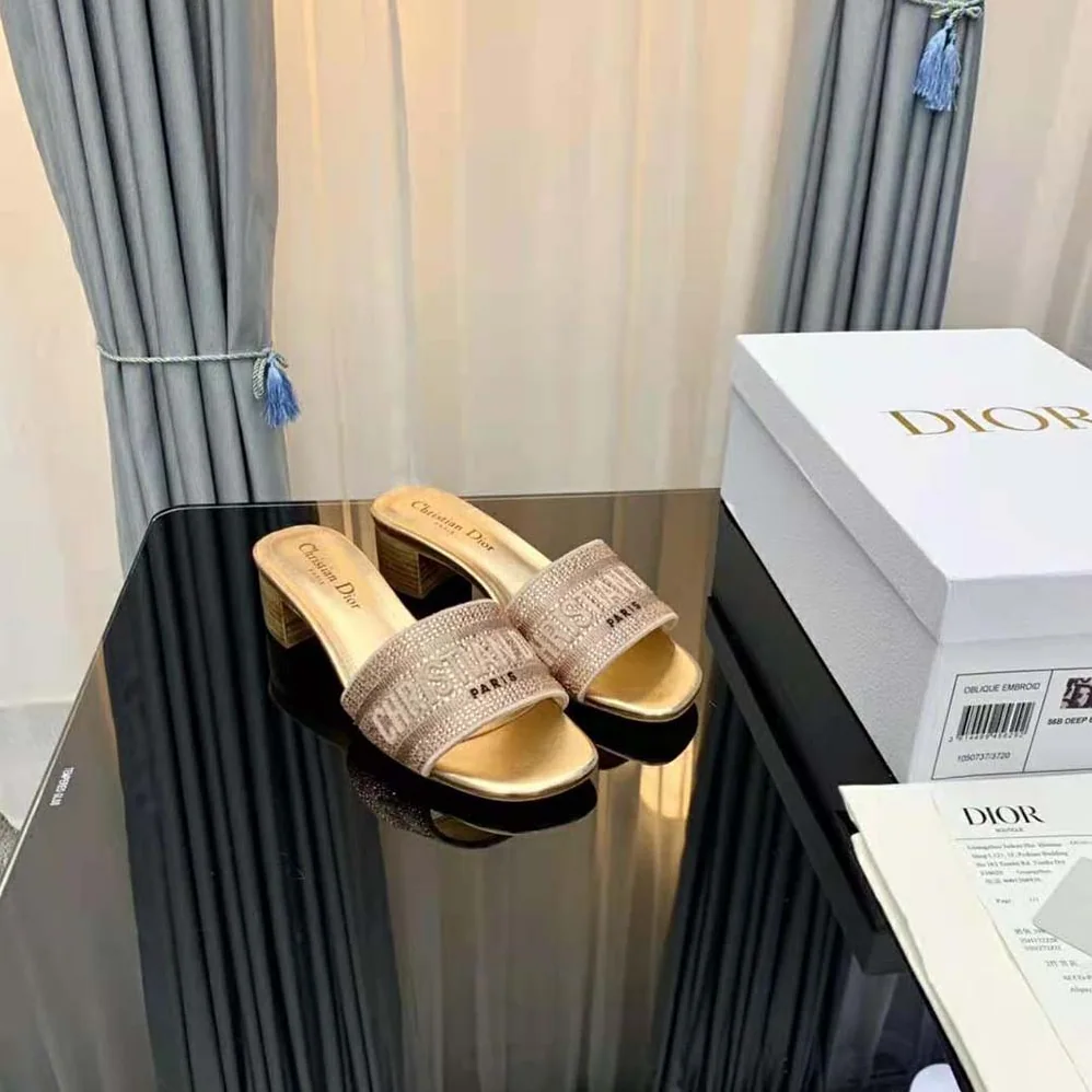 Dior Dway Heeled Slide Gold for Women in Tone Cotton Embroidered Dior Dway Heeled Slide Gold for Women in Tone Cotton Embroidered
