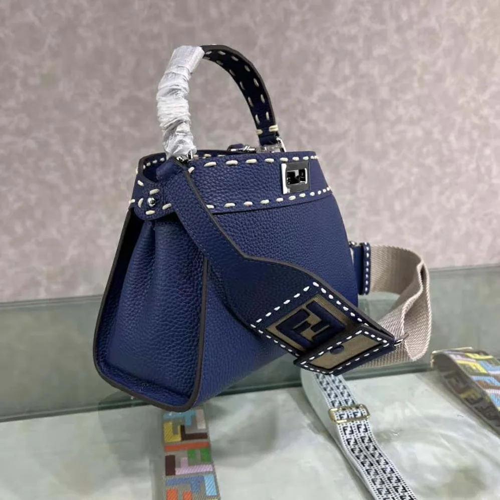 Fendi Peekaboo Iconic Mini Full Grain Leather Bag for Women in Navy