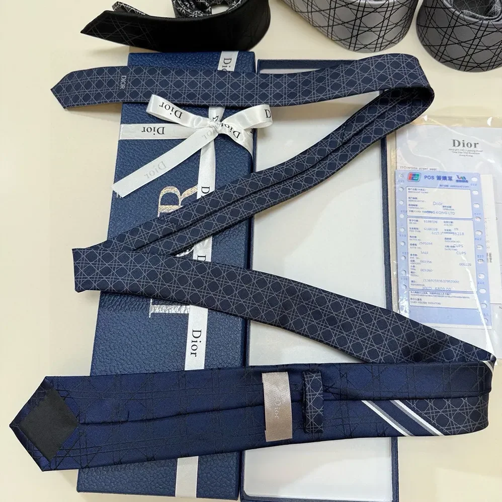 Dior Striped Cannage Tie Navy Blue Gray and White Silk for Men