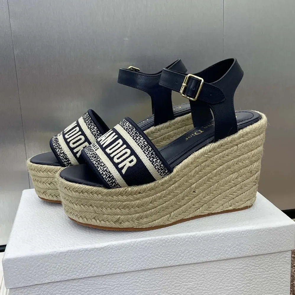 Dior Dway Wedge Sandal Deep Blue Calfskin and Embroidered Cotton for Women