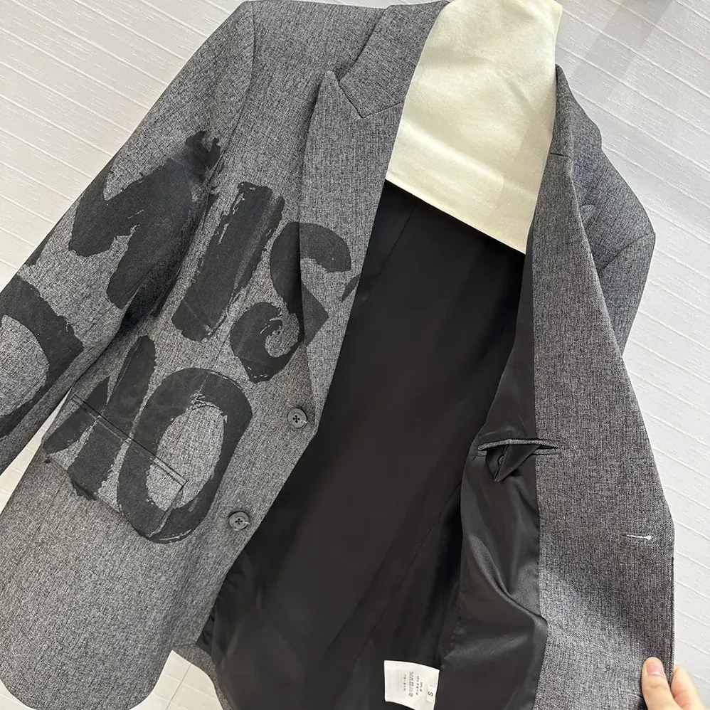 Dior Blazer Gray End-on-End Virgin Wool with Black Miss Dior Graffiti Motif for Women