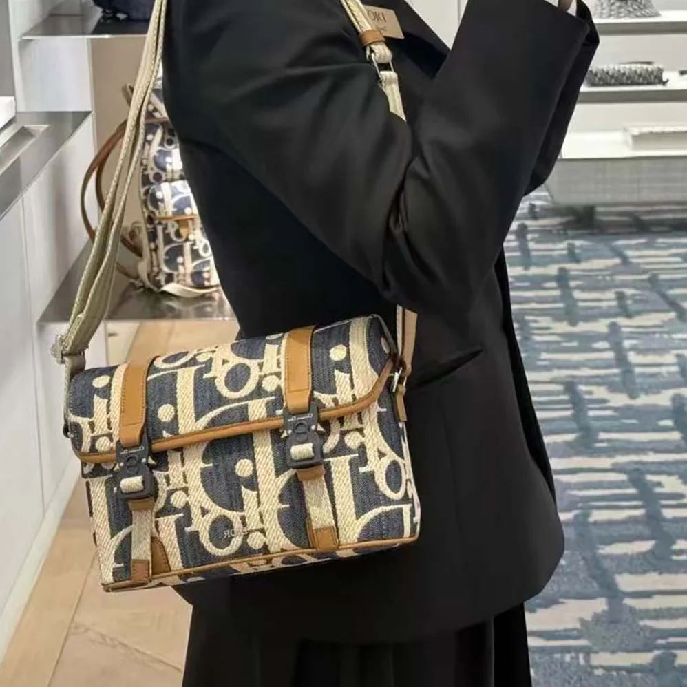 Dior Hit the Road Messenger Bag with Flap Blue and Beige Raffia for Men in Effect Dior Oblique Denim