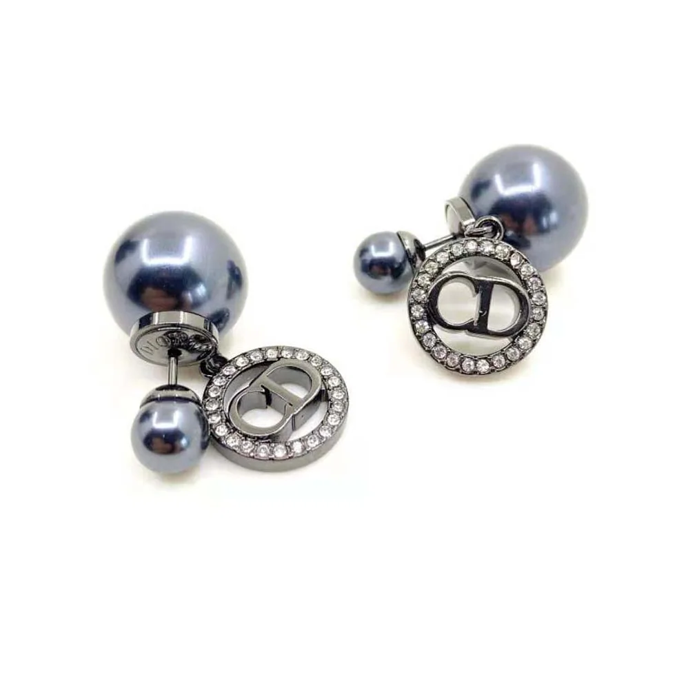 Dior Tribales Earrings Ruthenium-Finish Metal with Gray Resin Pearls and Black Crystals for Women