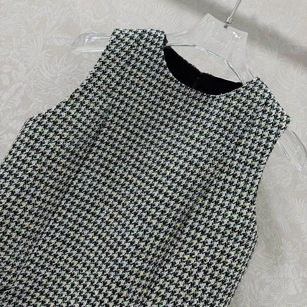 Dior Straight Dress Black and White Houndstooth Virgin Wool Blend with Multicolor Sequins for Women