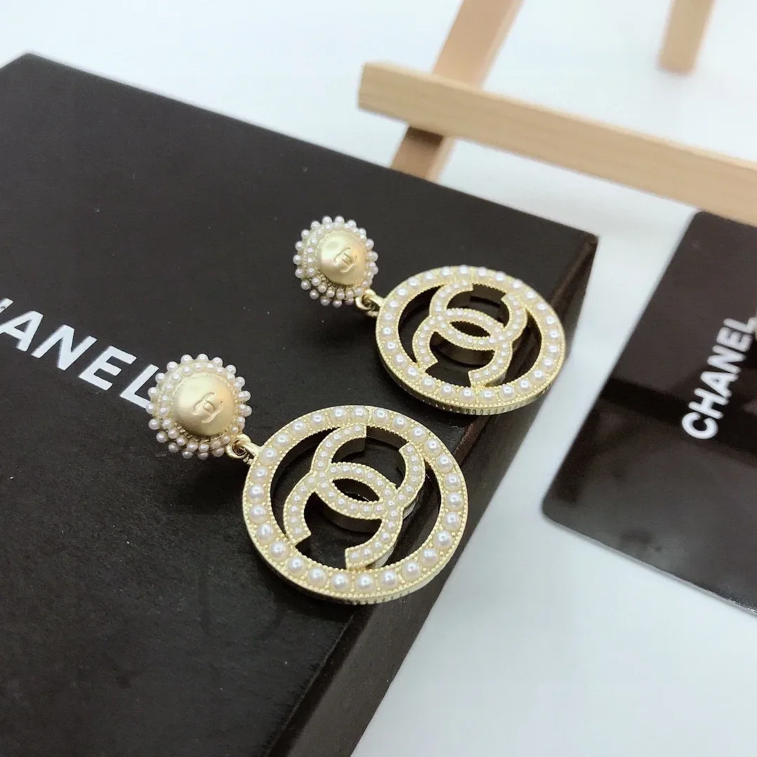 Chanel Dangling Big Circle Frame Earrings Gold Tone