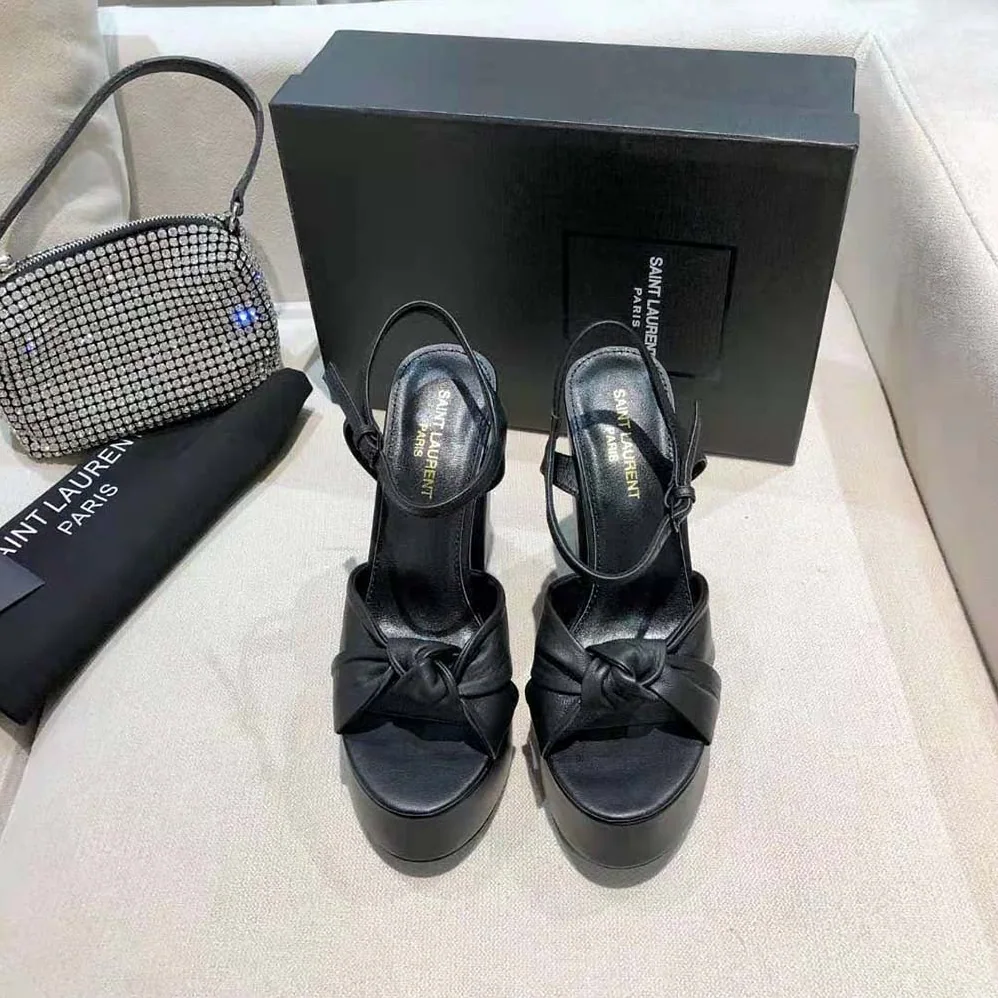 Saint Laurent YSL Bianca Platform Sandals in Smooth Leather for Women in Black
