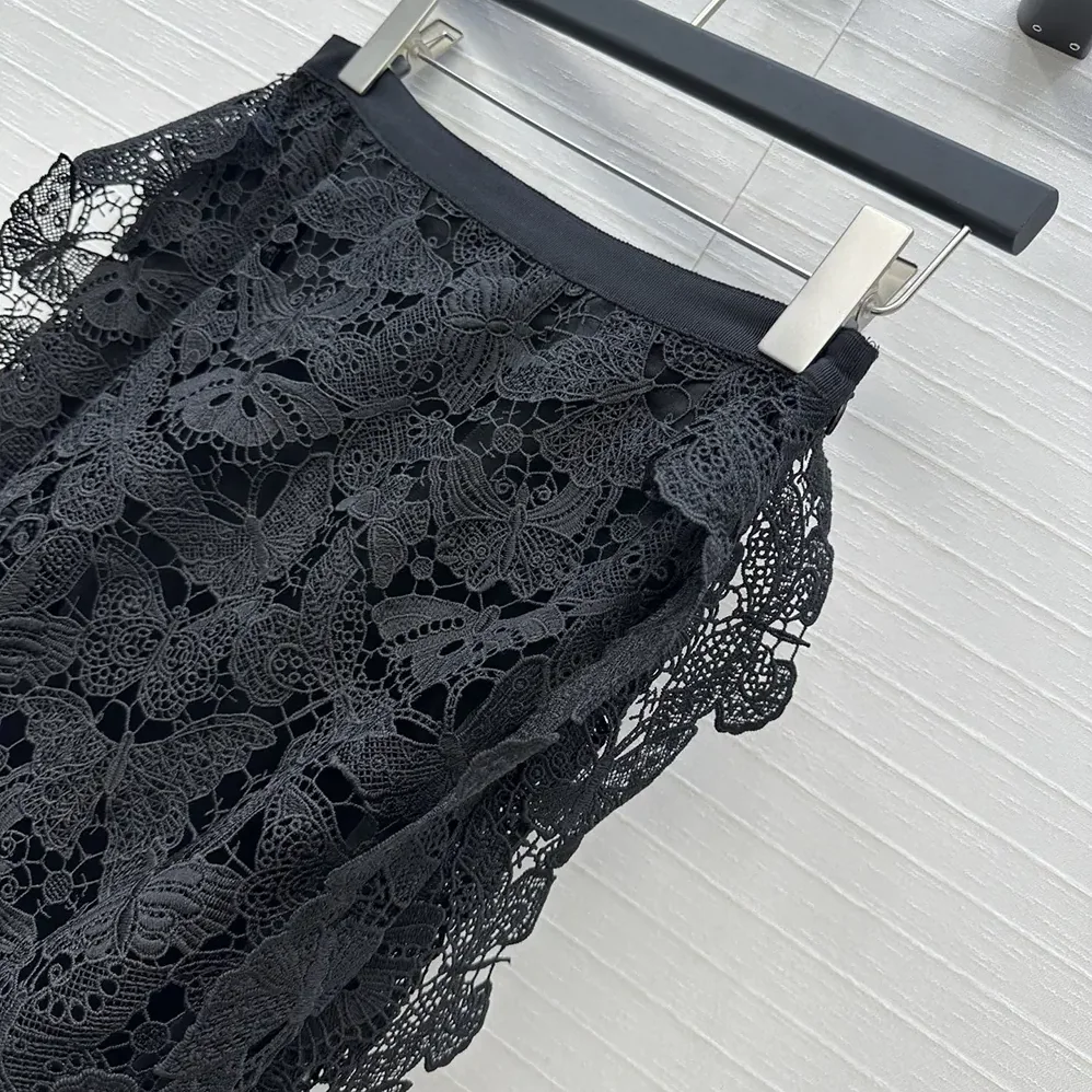 Dior Mid-Length Skirt Black Cotton-Blend Lace with Allover Butterfly Motif for Women