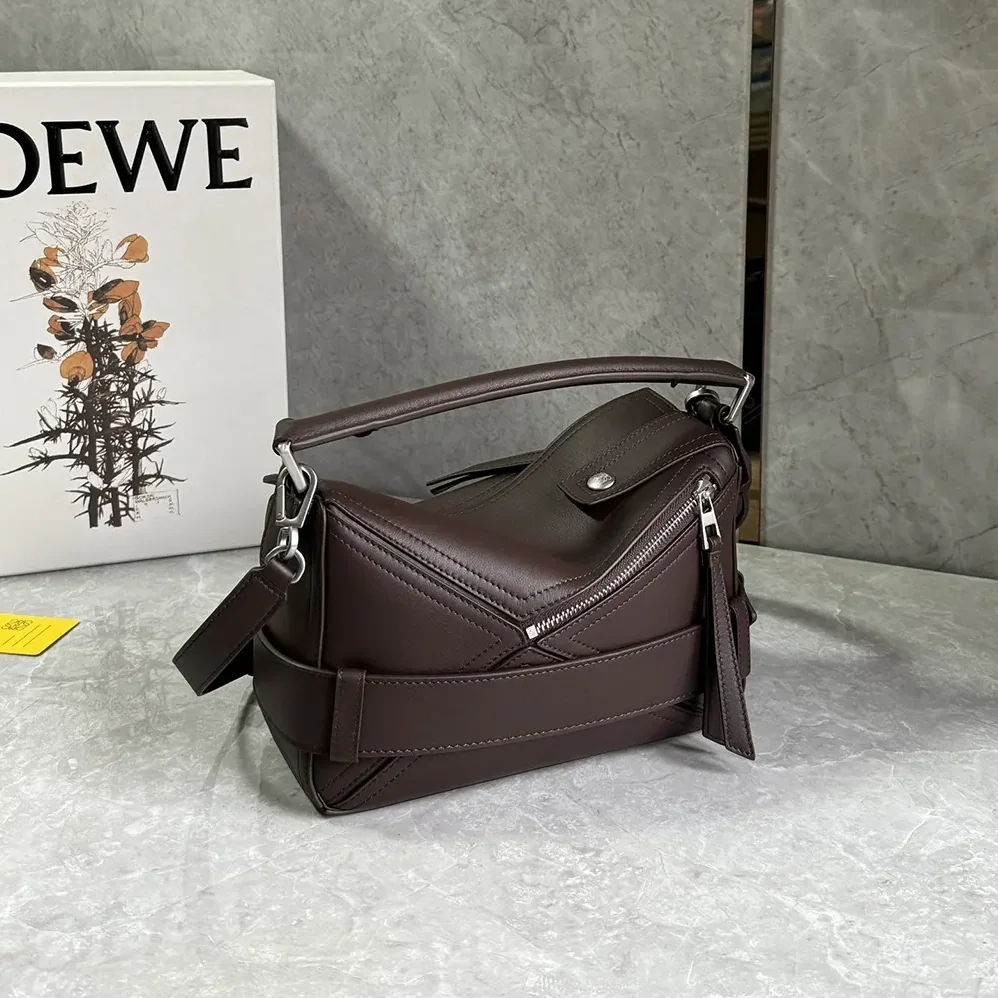 Loewe Small Puzzle Biker Bag in Shiny Calfskin for Unisex in Dark Chestnut Loewe Small Puzzle Biker Bag in Shiny Calfskin for Unisex in Dark Chestnut