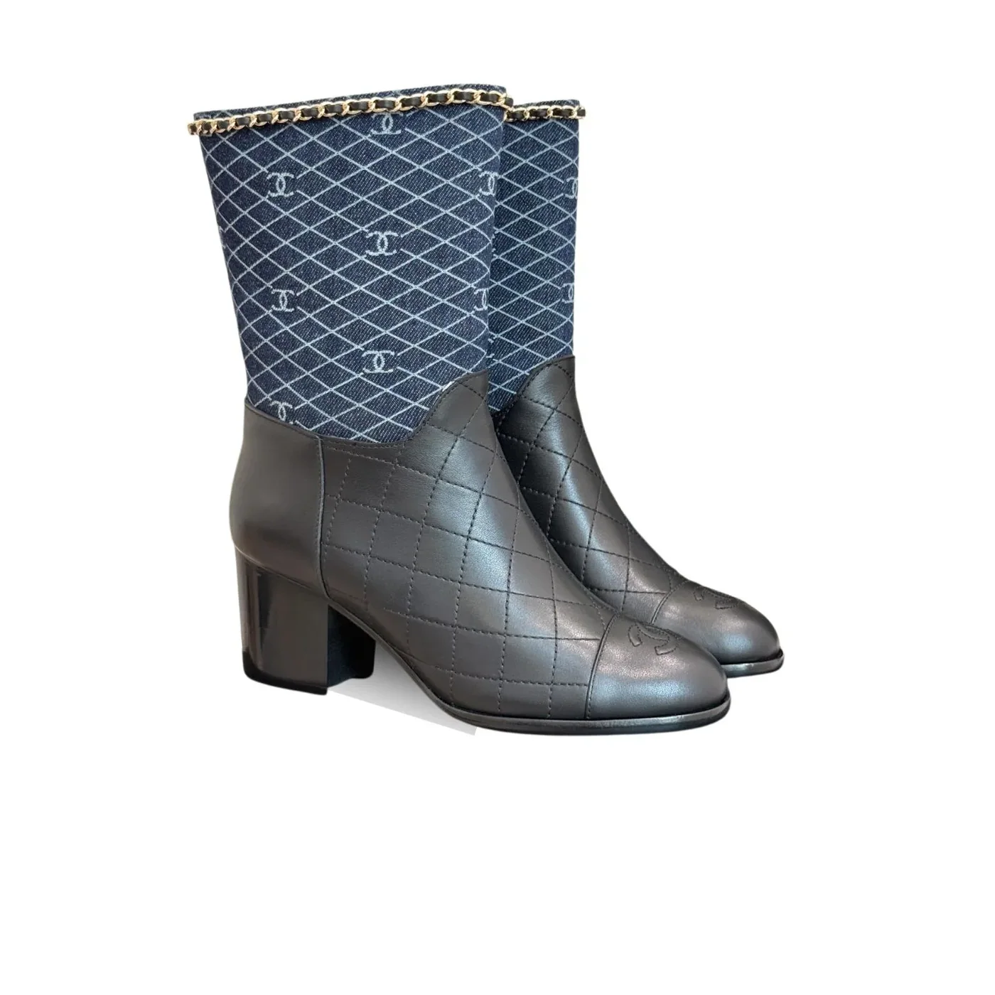 Chanel Double C Chunky Heel Boots With Chain Detail Blue Denim Chanel Double C Chunky Heel Boots With Chain Detail Blue Denim