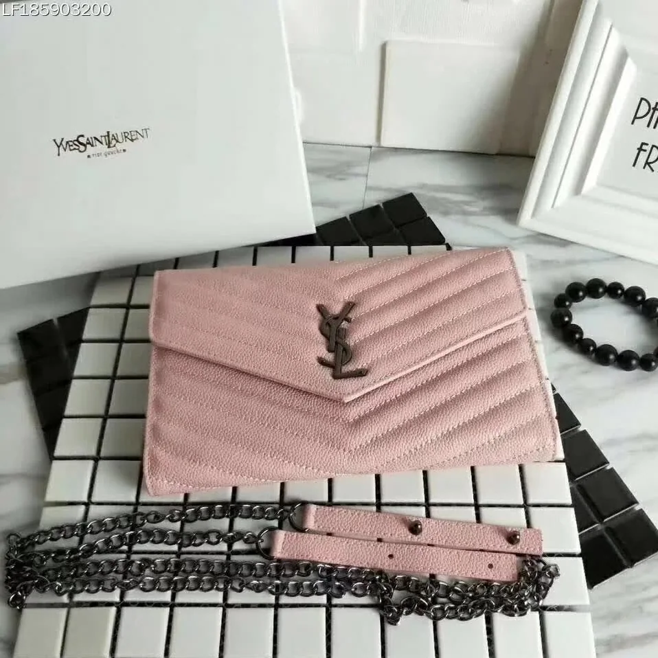 Saint Laurent YSL Medium Monogram Envelope Chain Wallet Silver Hardware in Pink Saint Laurent YSL Medium Monogram Envelope Chain Wallet Silver Hardware in Pink