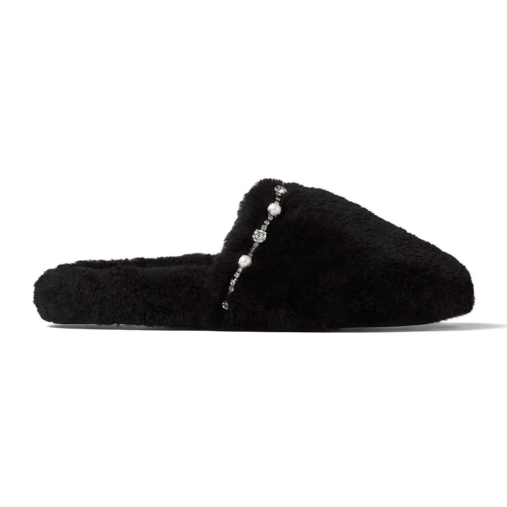 Jimmy Choo Aliette Flat Natural Shearling Slippers for Women in Black