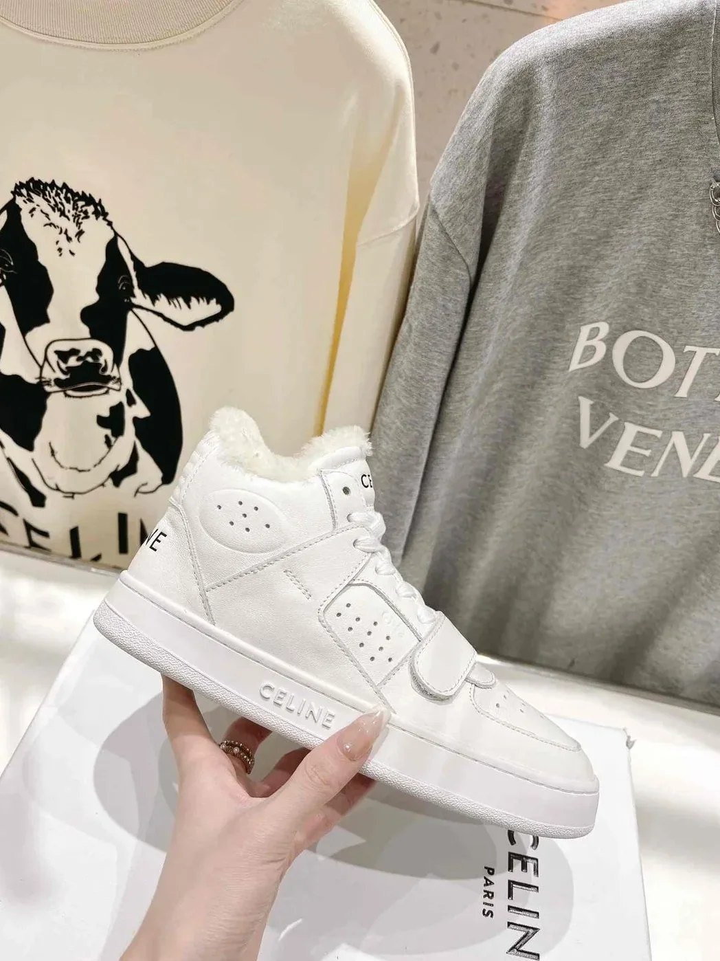 Celine Block Sneakers With Wedge Outsole With Fur White Celine Block Sneakers With Wedge Outsole With Fur White