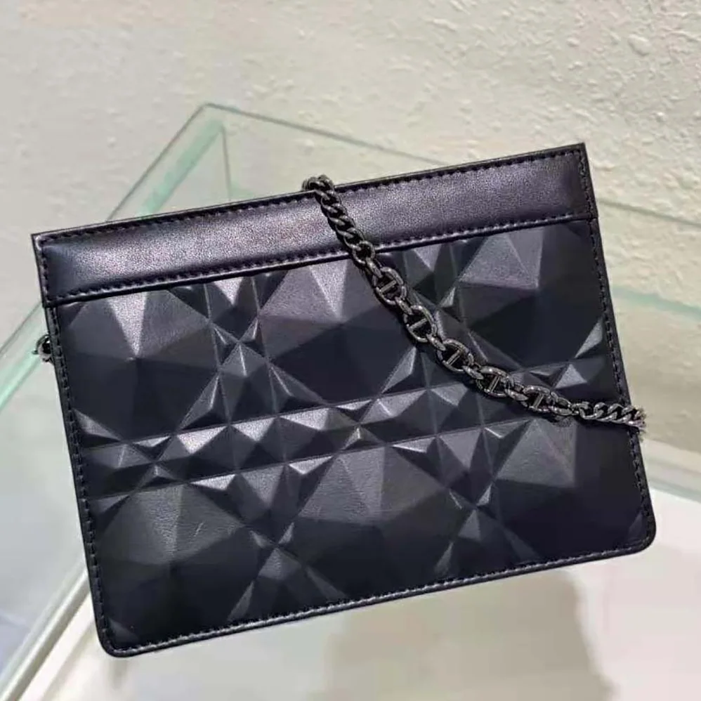Dior Caro Zipped Pouch with Chain Black Macrocannage Calfskin with Diamond Motif for Women