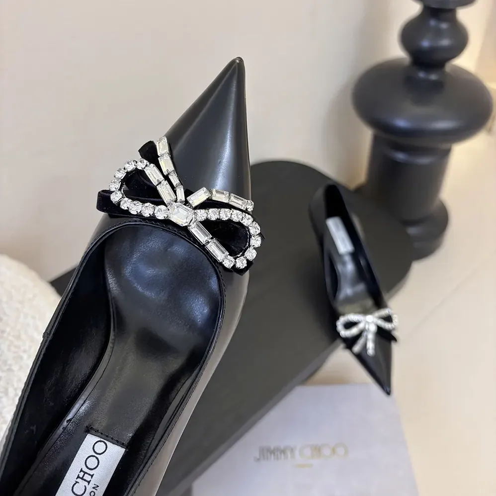 Jimmy Choo Auria 70mm Black Soft Spazzolato Pumps with Velvet and Crystal Bow for Women