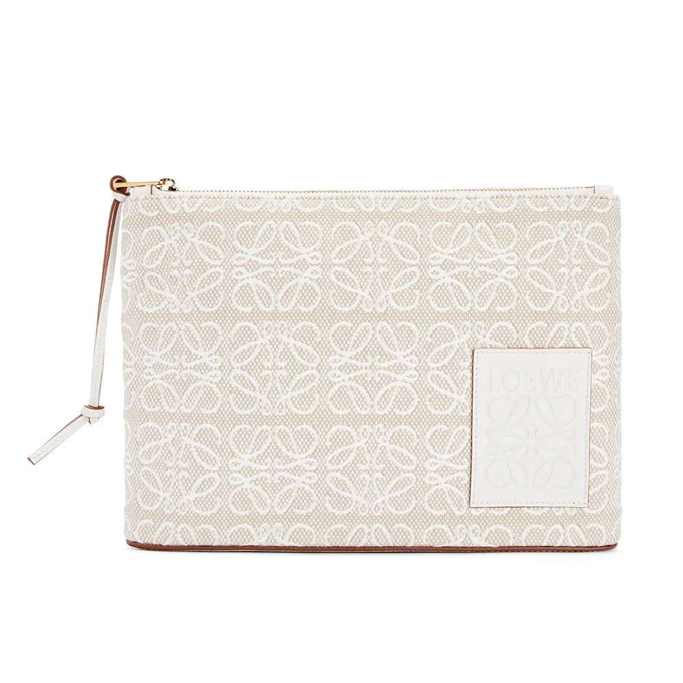 Loewe Oblong Anagram Pouch in Jacquard and Calfskin for Women in White Loewe Oblong Anagram Pouch in Jacquard and Calfskin for Women in White