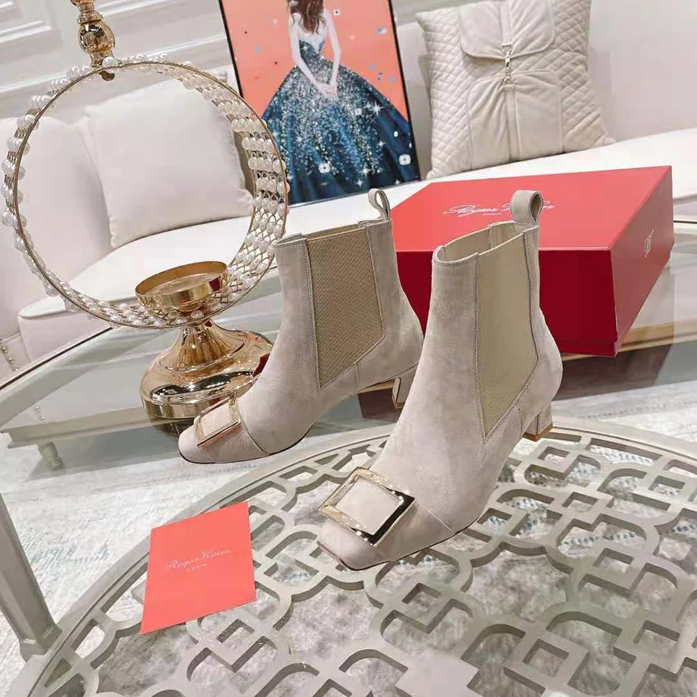 Roger Vivier Trompette Metal Buckle Chelsea Booties in Suede for Women in Beige Roger Vivier Trompette Metal Buckle Chelsea Booties in Suede for Women in Beige