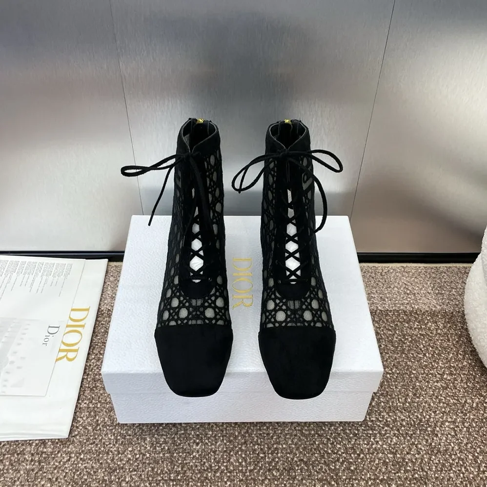 Dior Naughtily-D Heeled Ankle Boot Transparent Mesh Embroidered with Black Cannage Motif for Women Dior Naughtily-D Heeled Ankle Boot Transparent Mesh Embroidered with Black Cannage Motif for Women