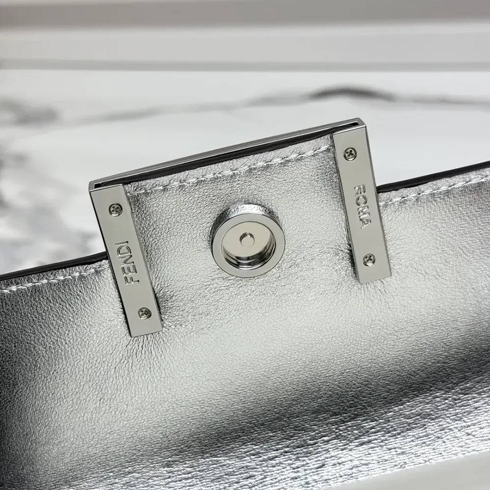 Fendi Baguette Phone Pouch Craquelé Silver Leather Pouch for Women