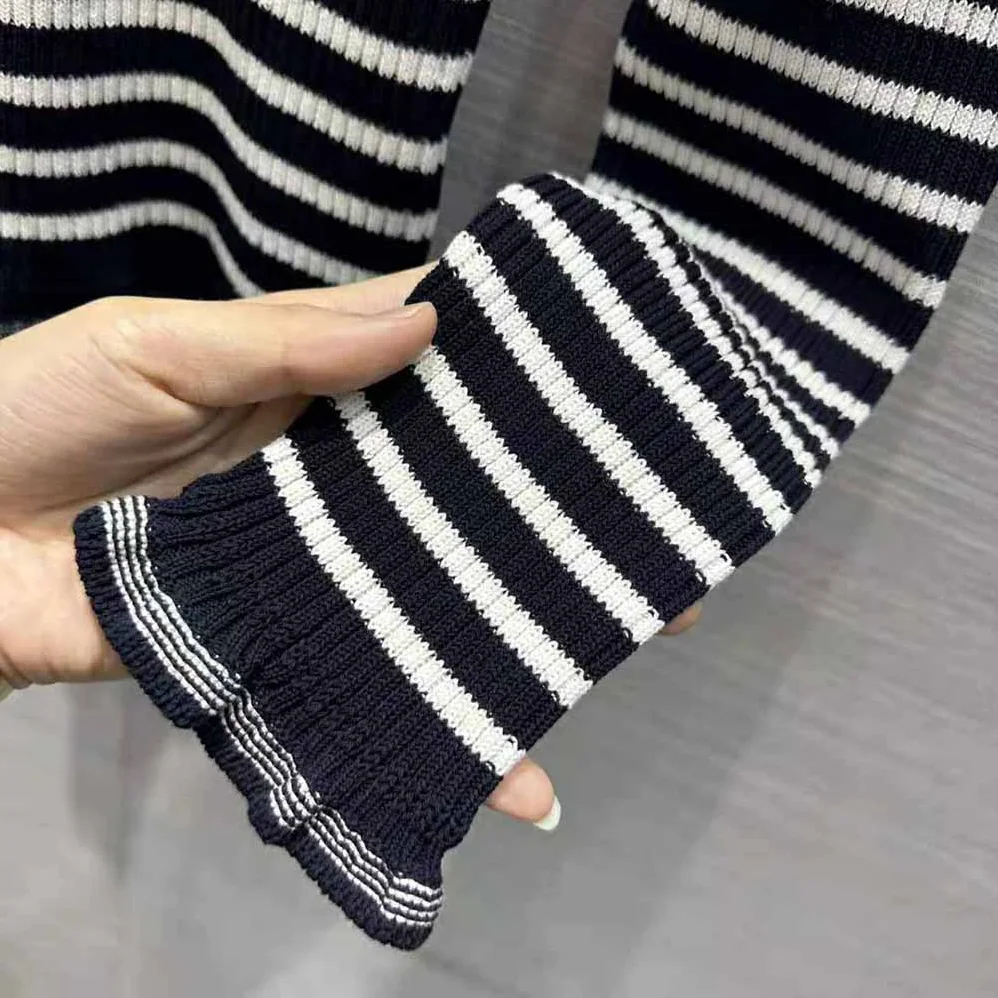 Dior Sweater Navy Blue and White Cotton Ribbed Knit with Signature for Women