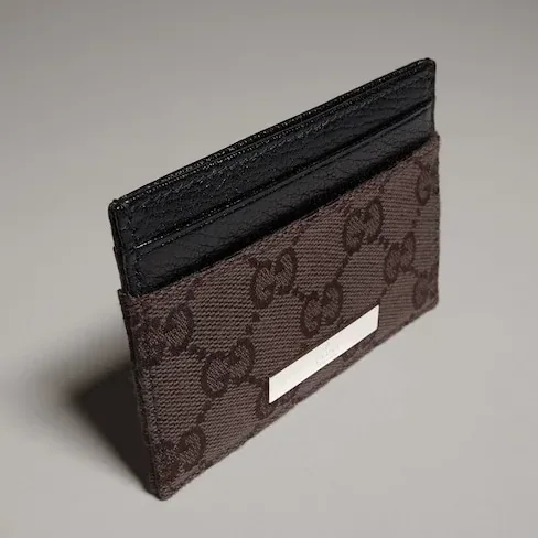 Gucci Card Case With Gucci Plaque / Dark Brown Canvas Palladium Hardware