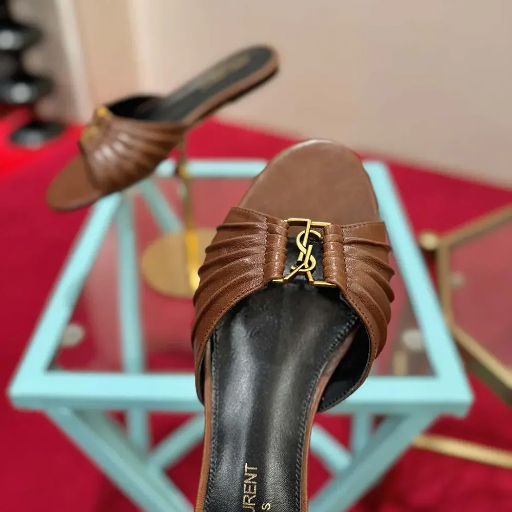 Saint Laurent YSL Babylone Slides In Smooth Leather Brown for Women Saint Laurent YSL Babylone Slides In Smooth Leather Brown for Women