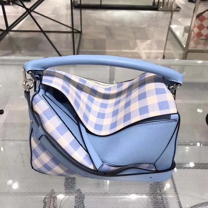 Loewe Puzzle Gingham Bag in Calfskin for Women in Blue Loewe Puzzle Gingham Bag in Calfskin for Women in Blue