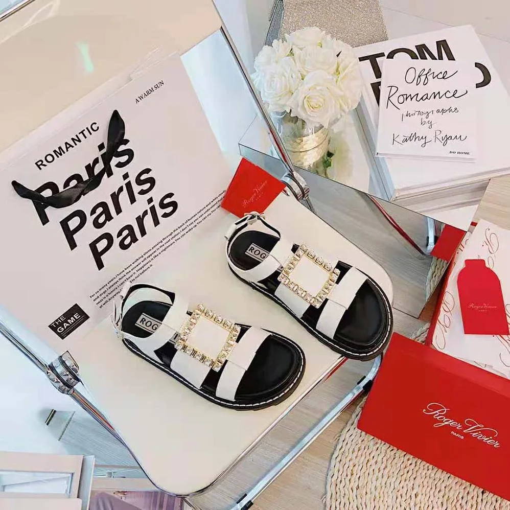 Roger Vivier Viv' Rangers Strass Buckle Sandals in Leather for Women in White