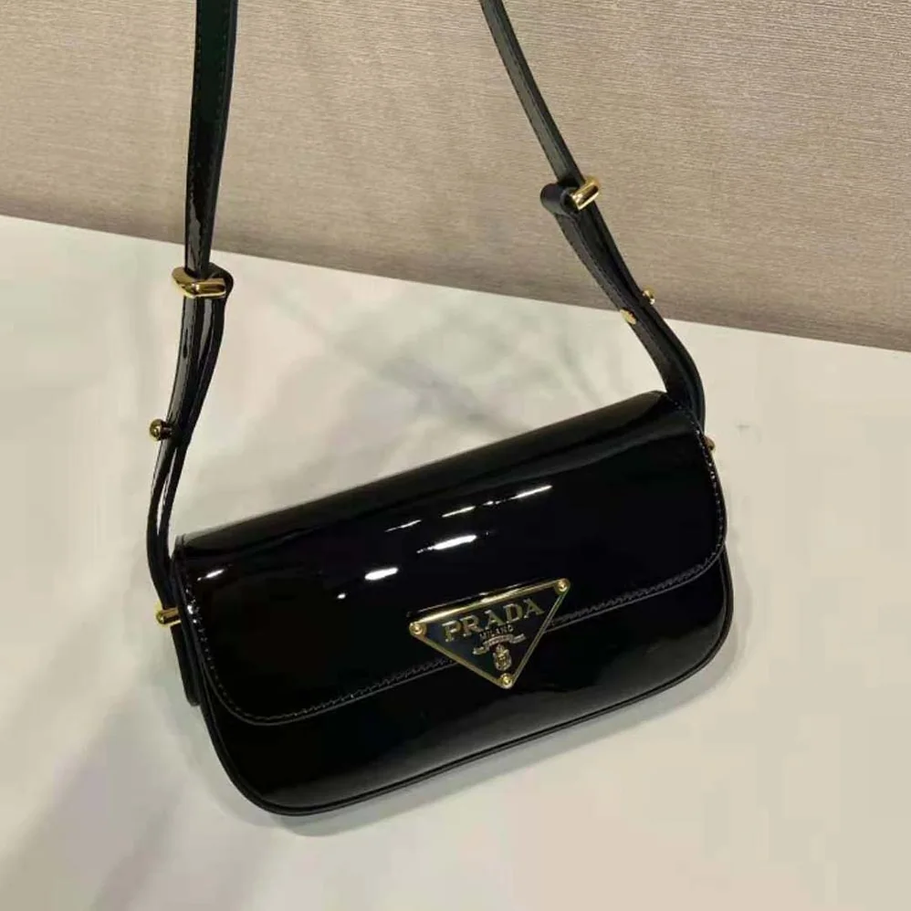 Prada Patent Leather Shoulder Bag with Flap for Women in Black