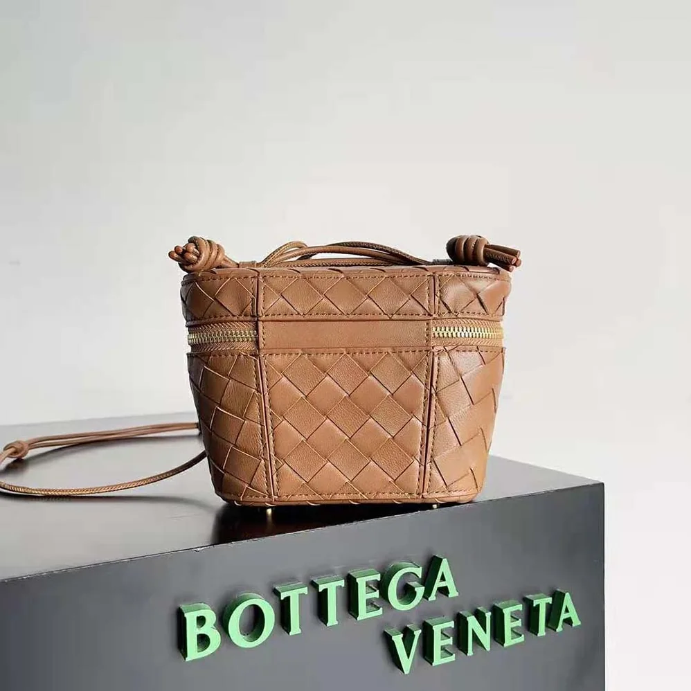 Bottega Veneta Mini Intrecciato Leather Vanity Case with Cross-Body Strap for Women in Brown
