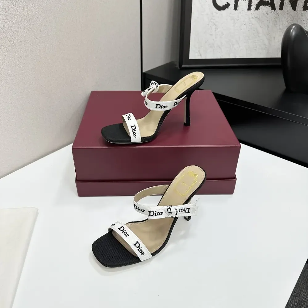 Dior Heeled Sandal with J'Adior Straps Black Embroidered Cotton for Women Dior Heeled Sandal with J'Adior Straps Black Embroidered Cotton for Women