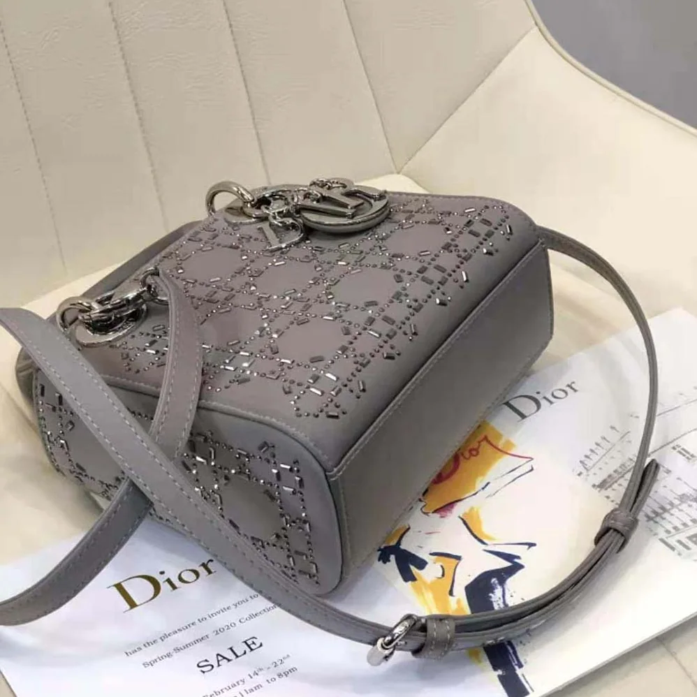 Dior Mini Lady Dior Bag Gray Strass Cannage Satin for Women