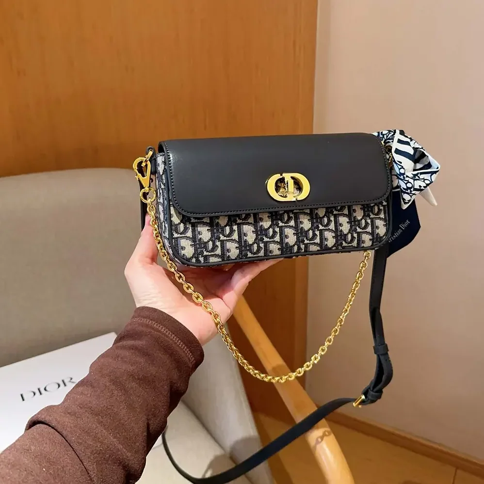 Dior Miss Caro Pouch with Chain Blue Dior Oblique Jacquard and Smooth Calfskin for Women