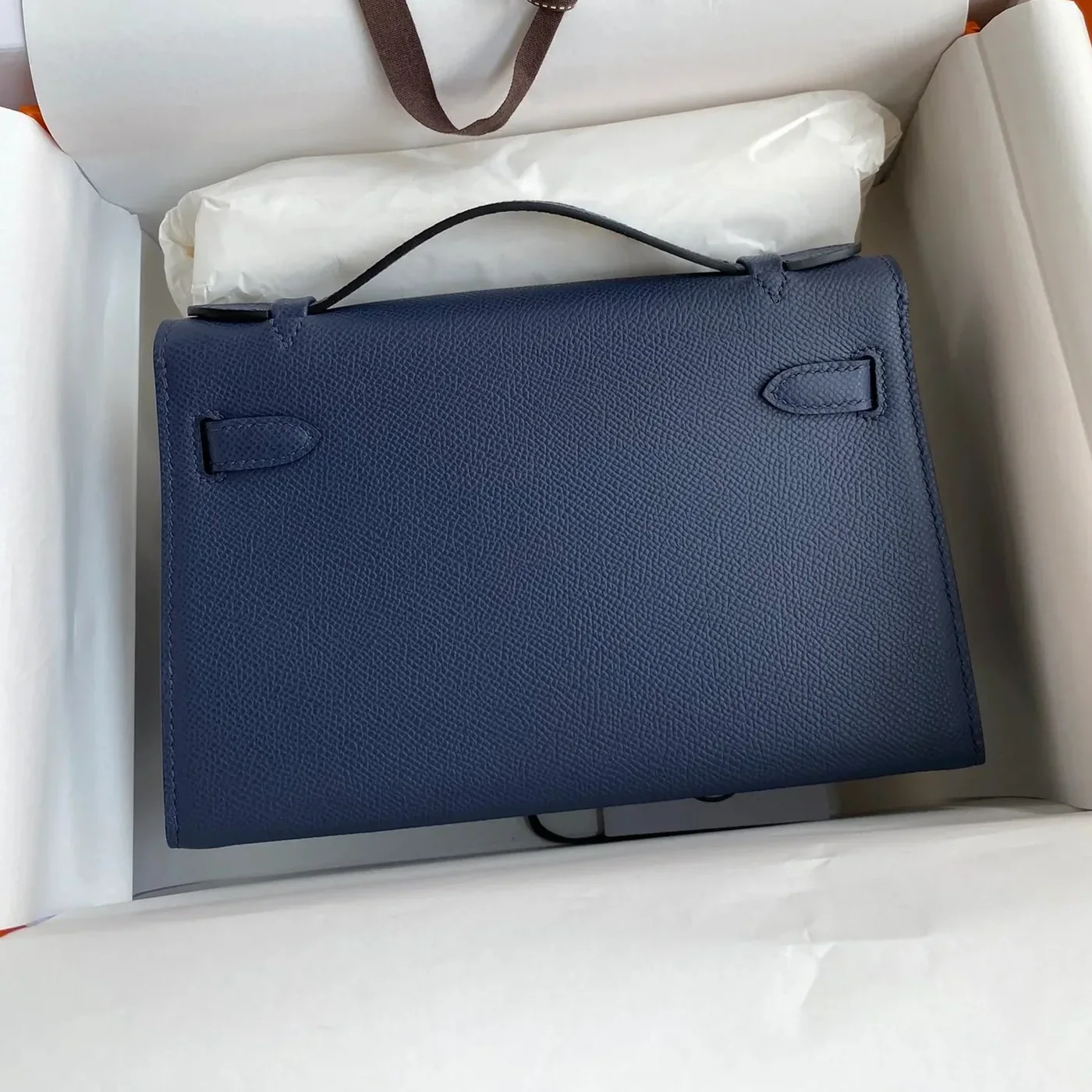 Hermes Kelly Pochette Top Handle Bag in Navy Epsom Palladium Hardware